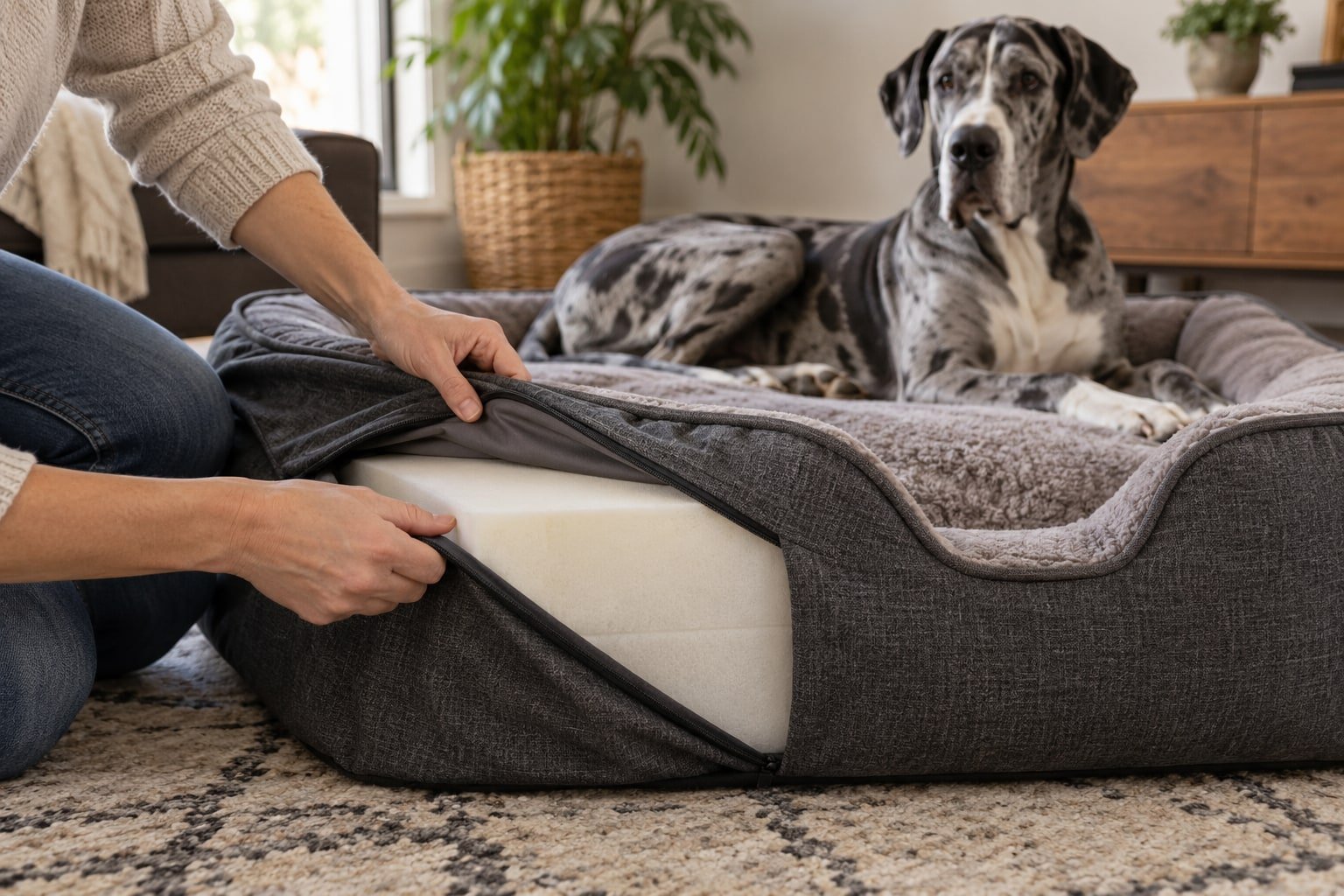 Owner examining a foam dog bed and removable cover.