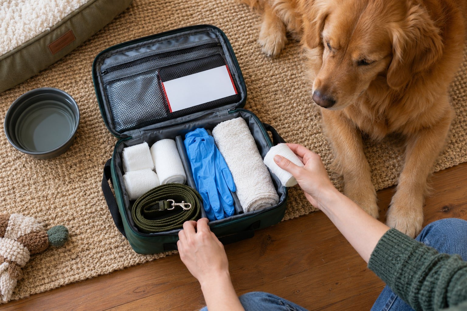 Pet first-aid supplies arranged beside a dog.
