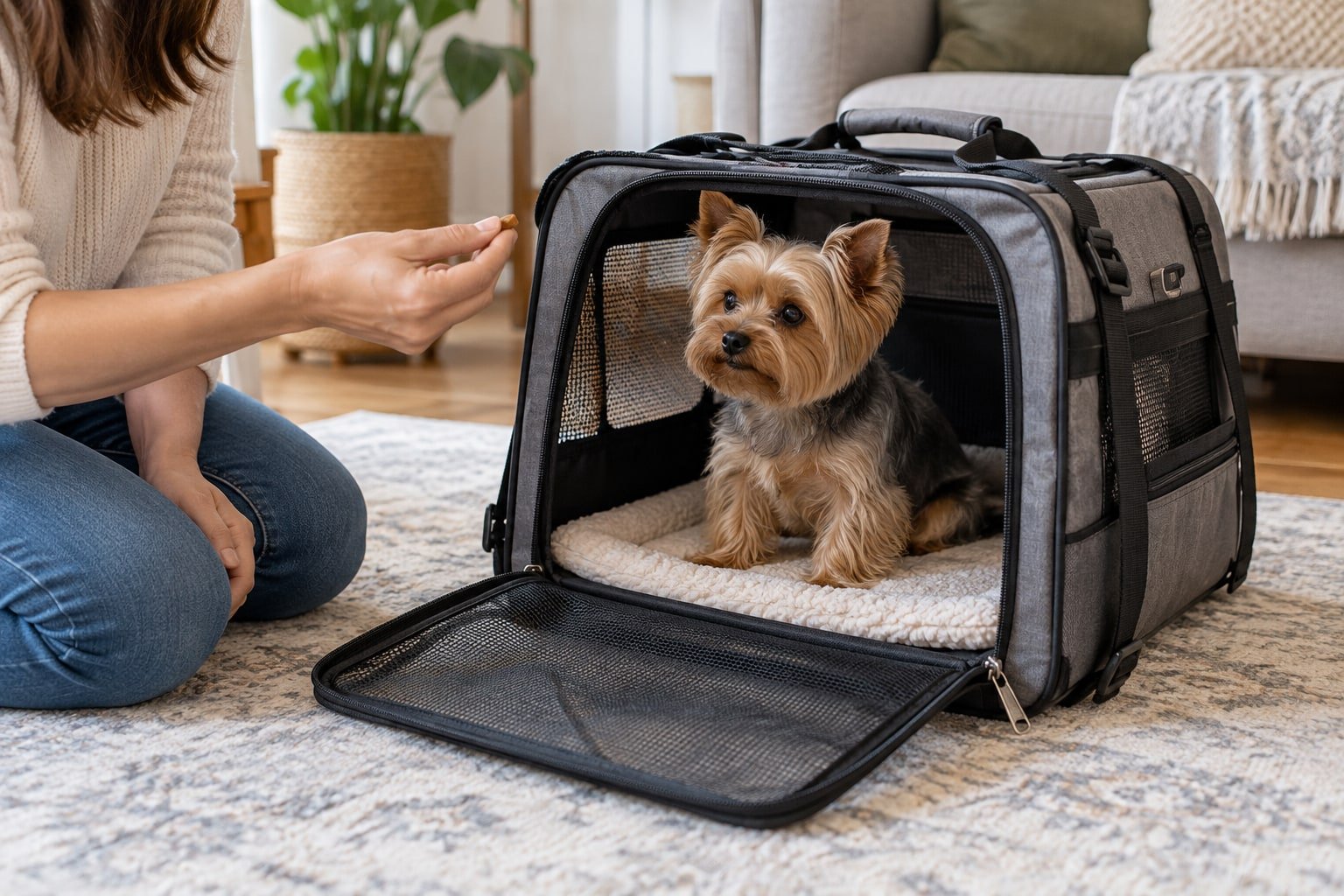 Small terrier exploring an open travel carrier.