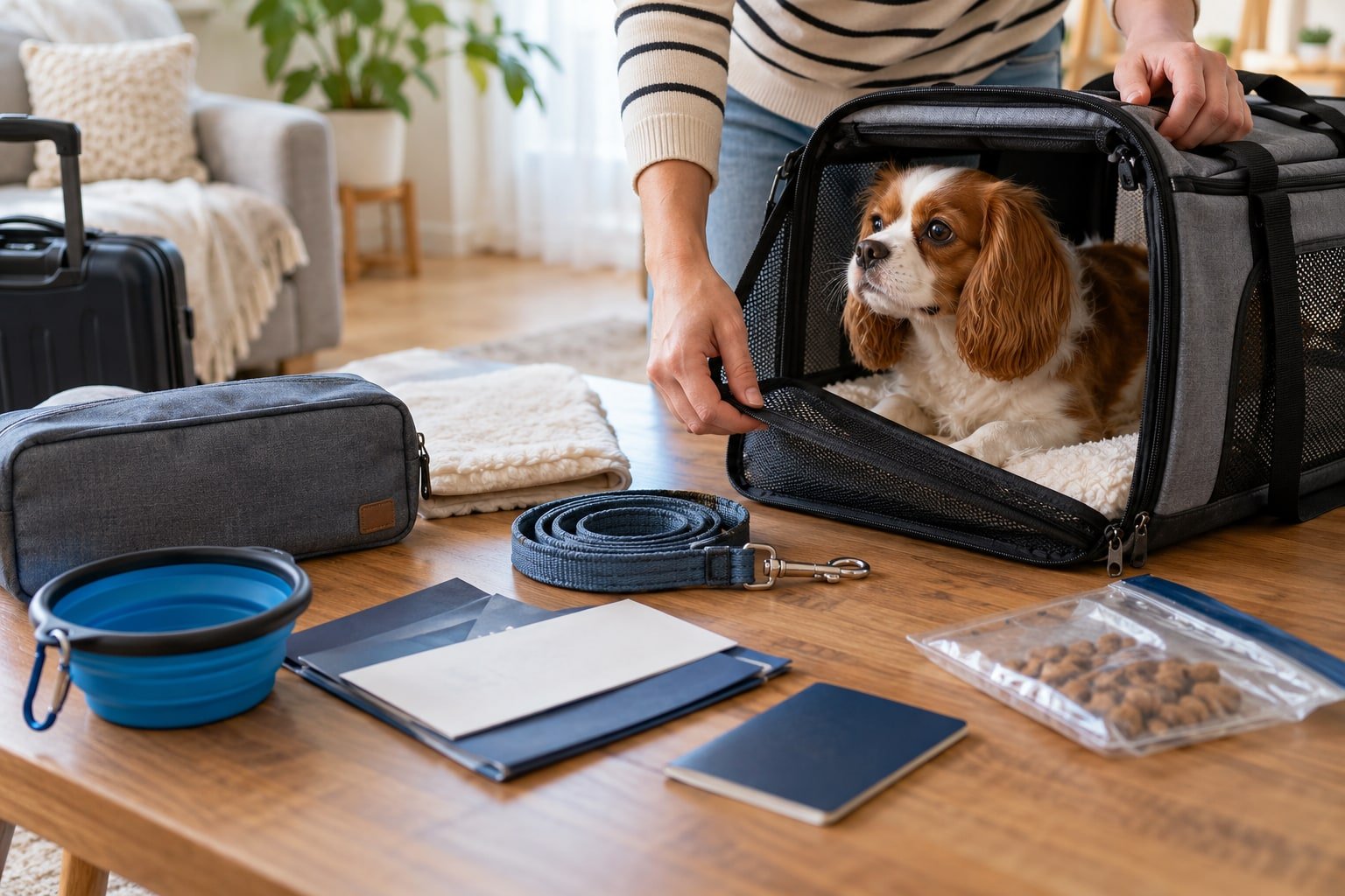 Travel supplies beside a small dog in a carrier.