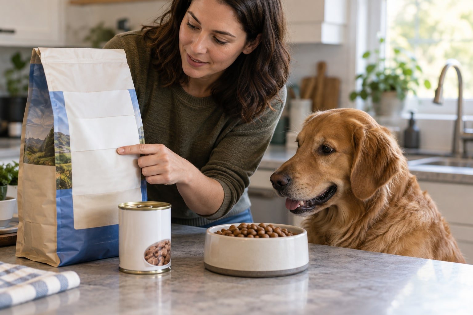 Owner checking a dog food bag label.