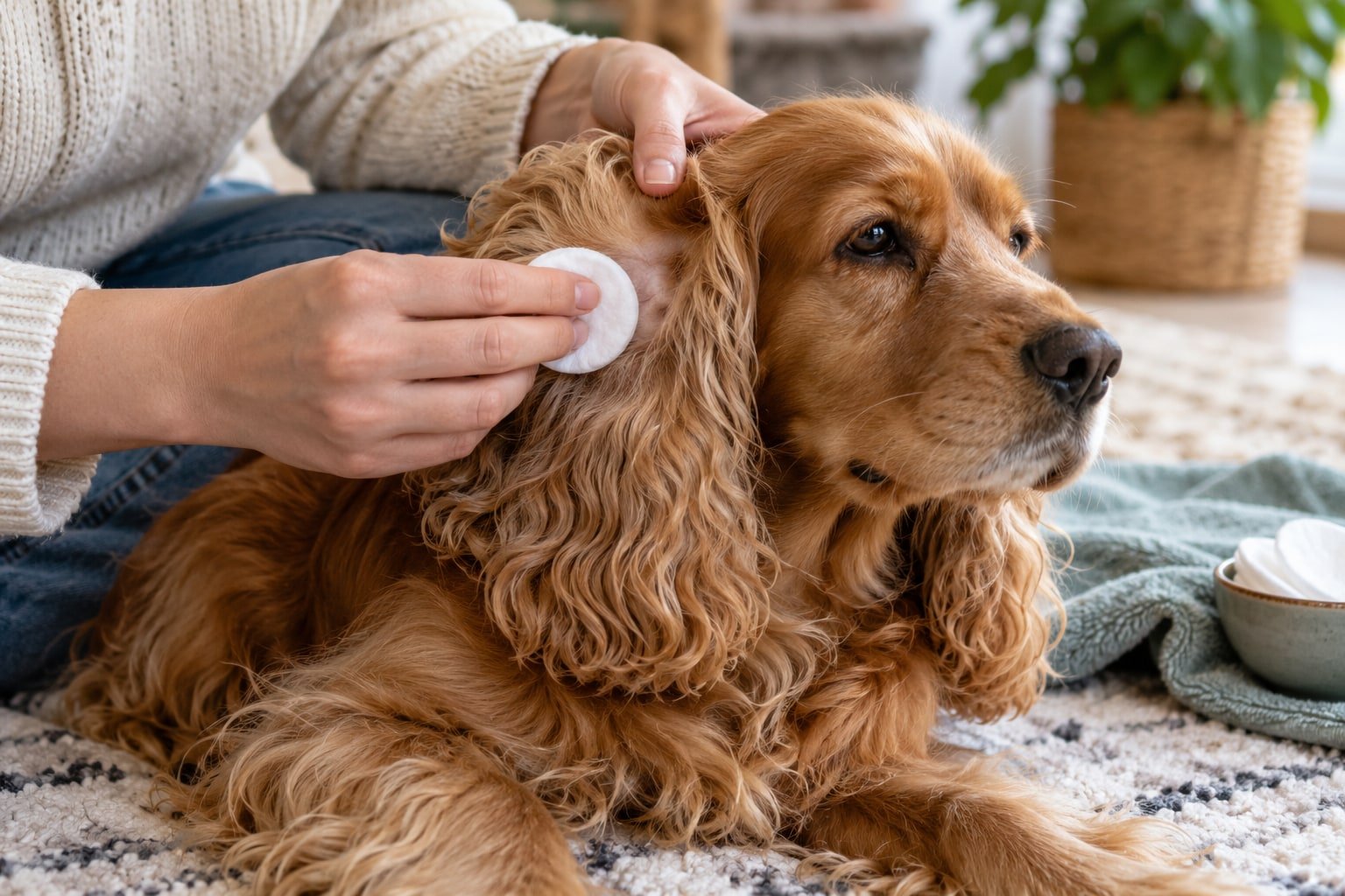 Owner gently wiping a spaniel’s visible outer ear.