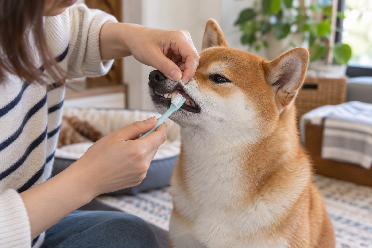 Owner brushing a Shiba Inu’s teeth.