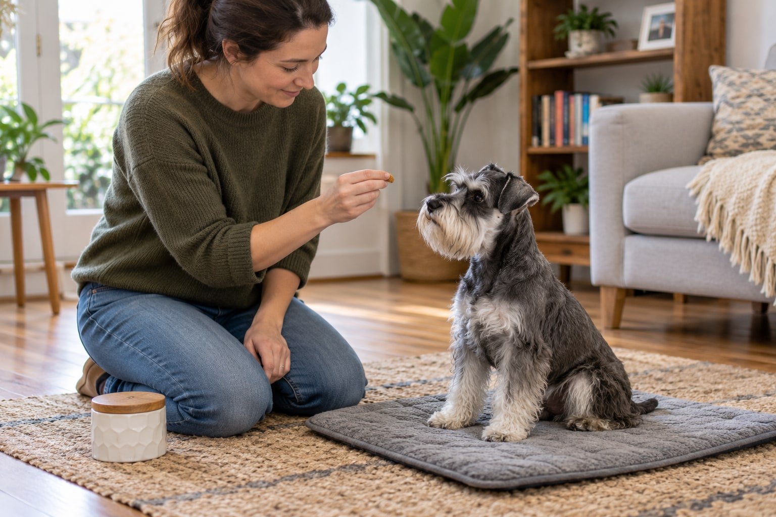 Schnauzer rewarded for settling on a mat.