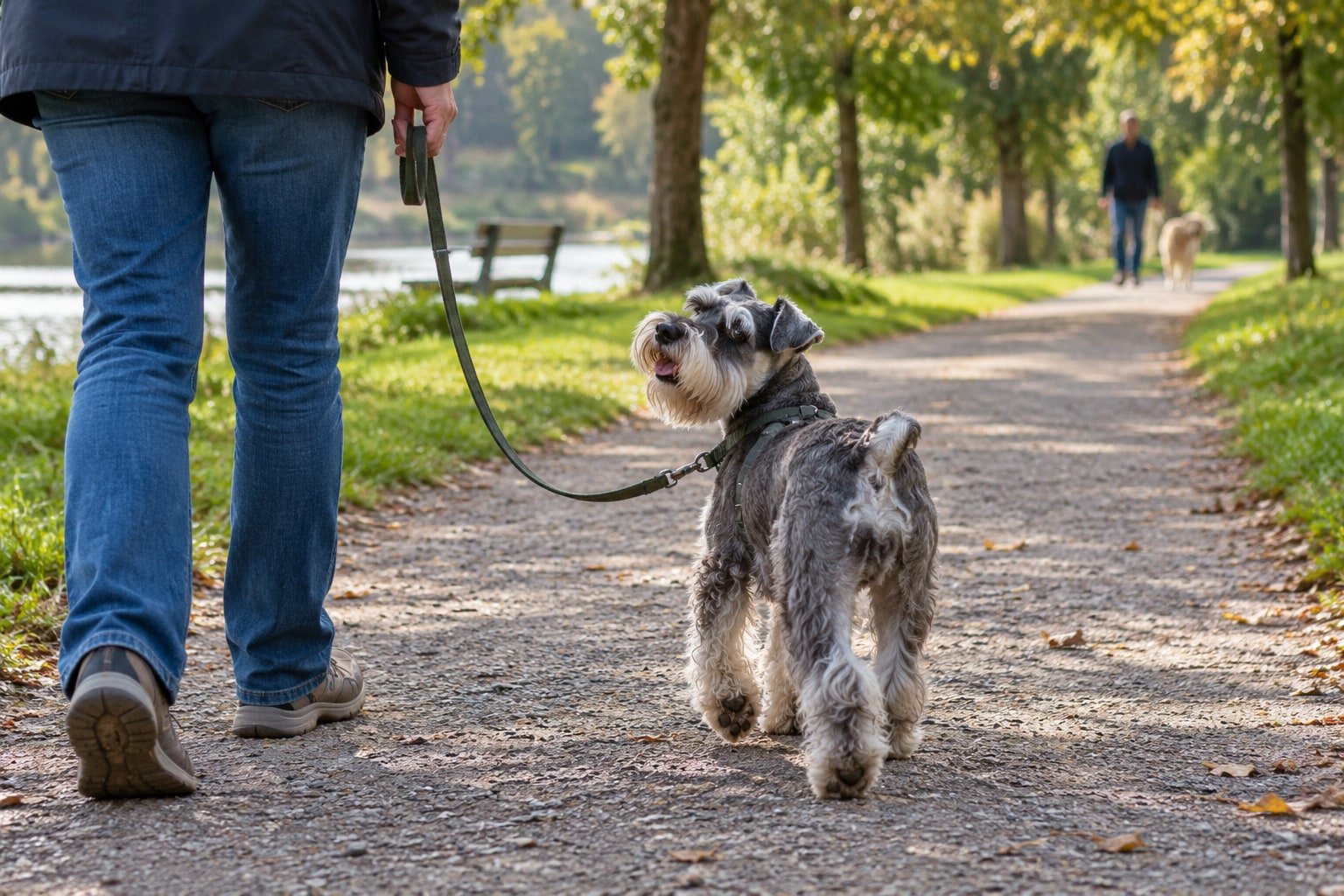 Schnauzer walking on a loose lead outdoors.