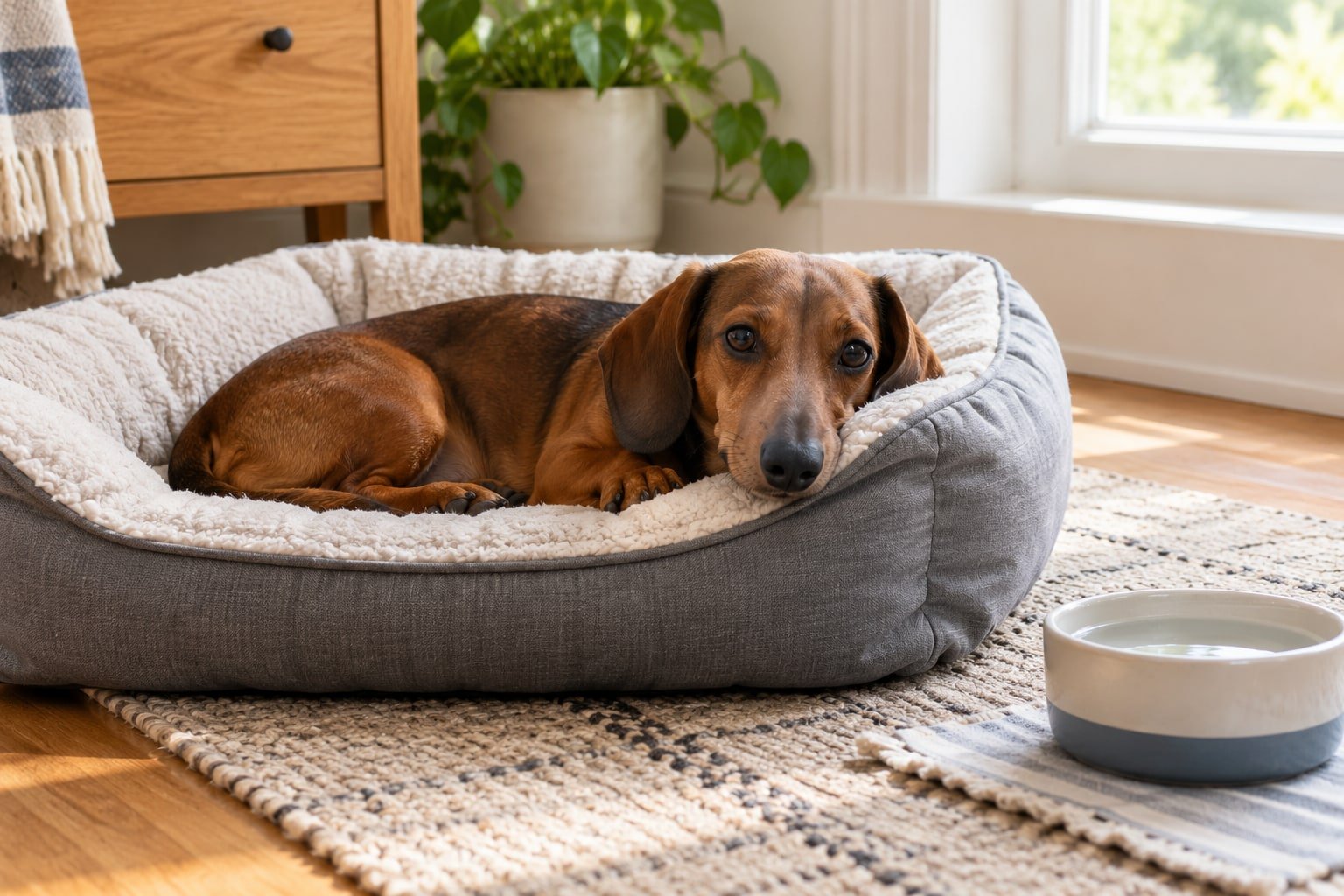 Dachshund resting beside a water bowl.