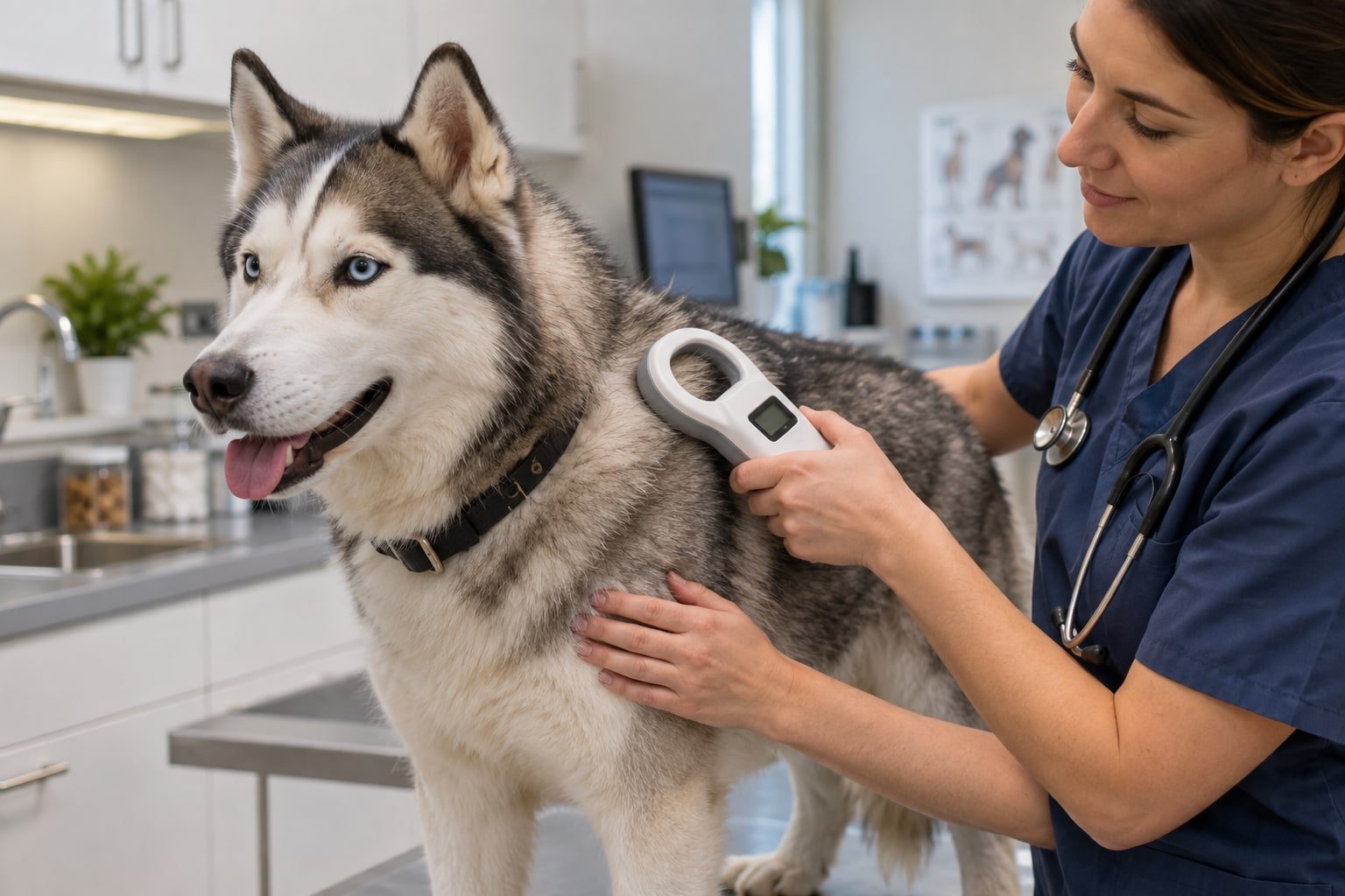 Microchip scanner held near a husky.