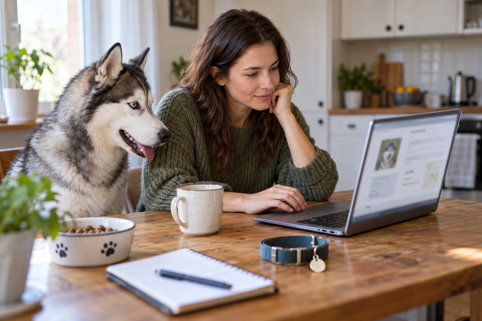 Owner reviewing registration information beside a husky.