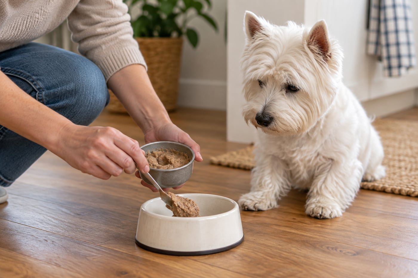 Owner serving a small portion of wet food to a white dog.