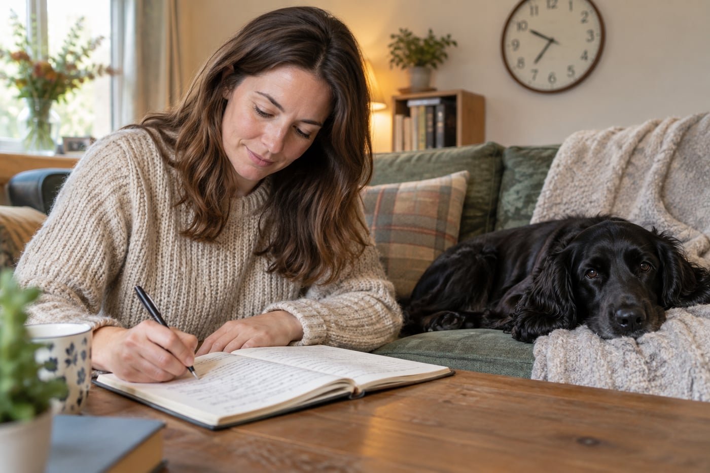 Owner writing a symptom diary beside a resting black spaniel.