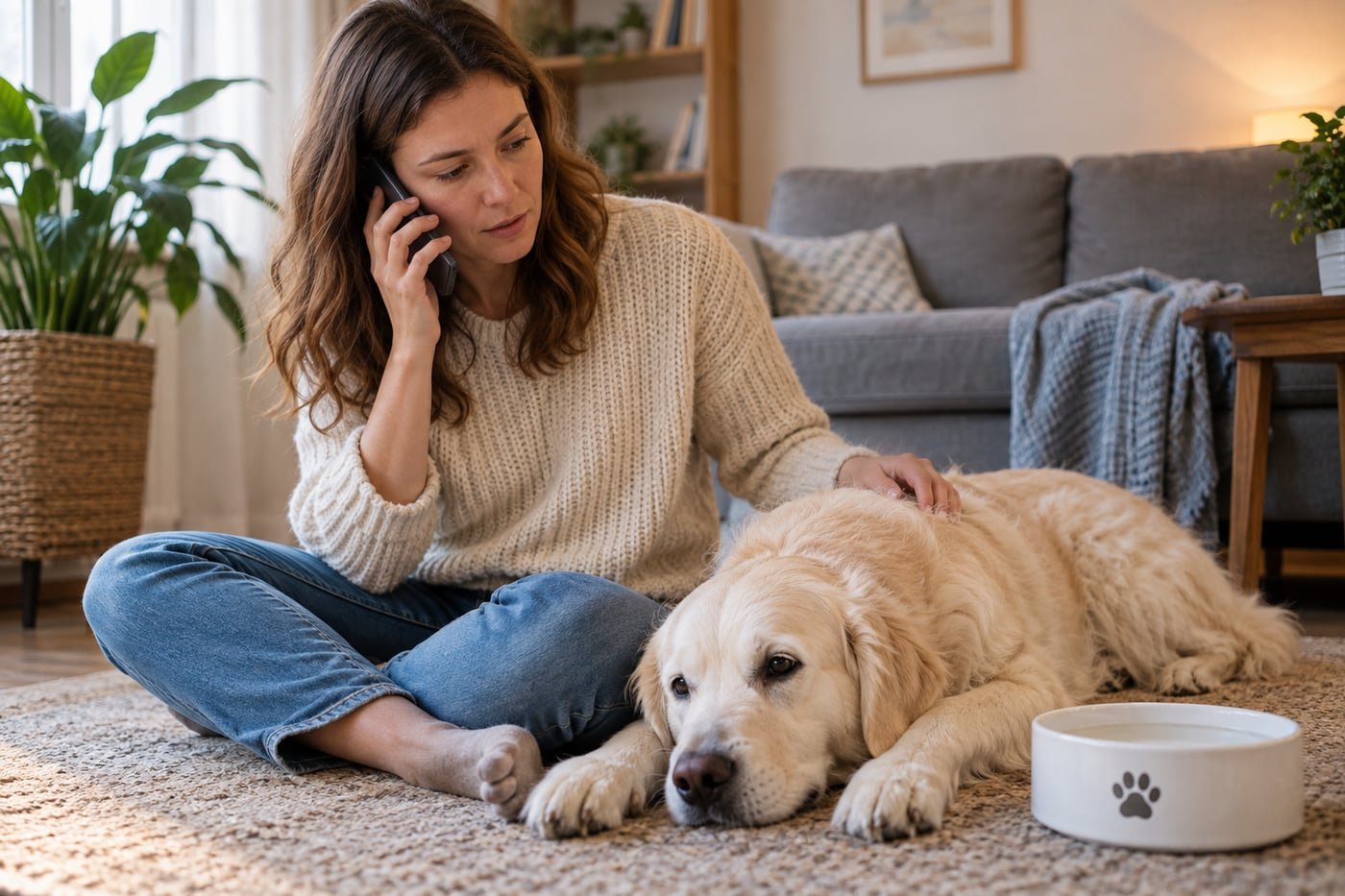 Owner calling for advice beside a resting cream-colored dog.