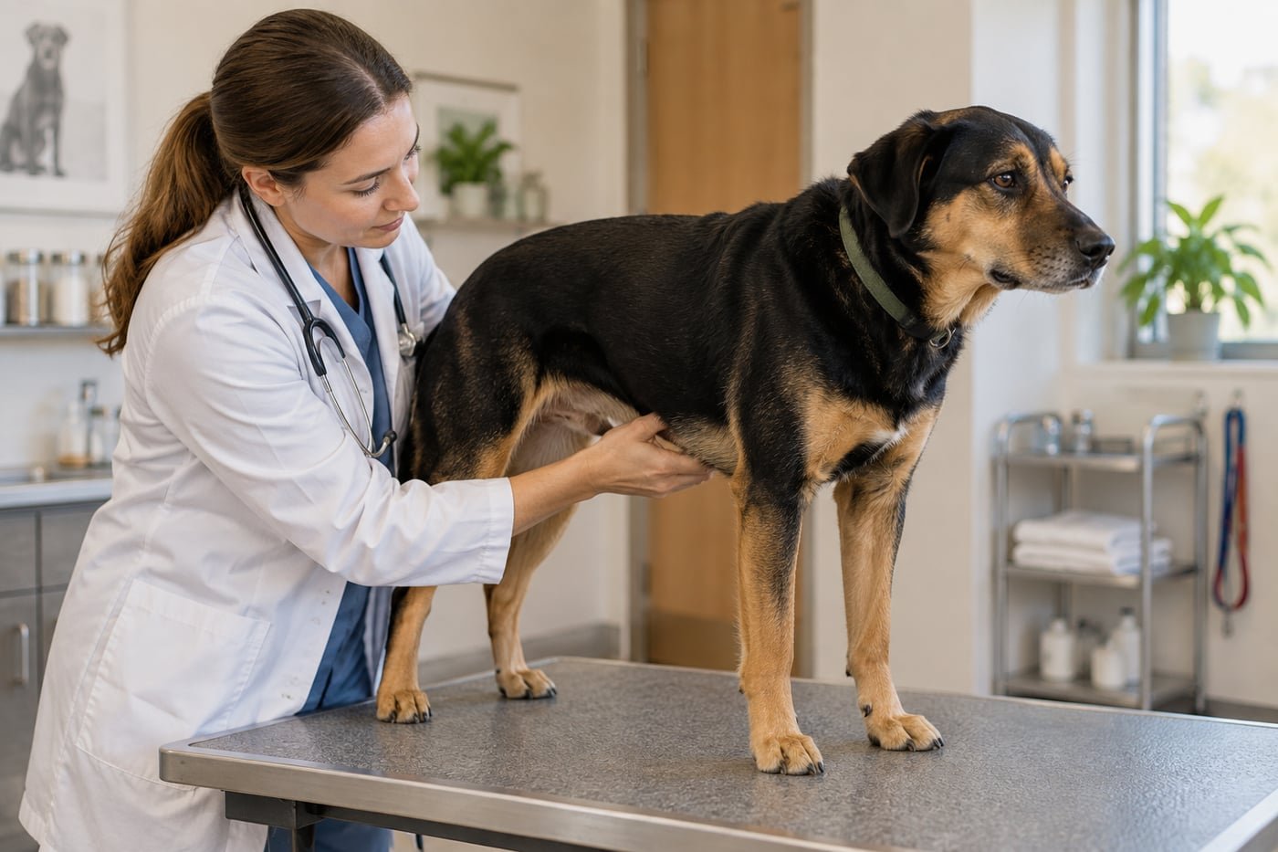Veterinarian examining a black-and-tan dog's abdomen.